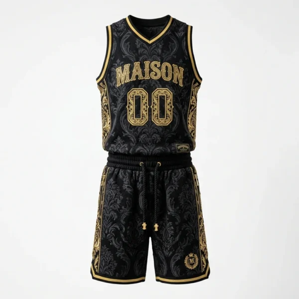 Custom Basketball Uniform – Black & Gold Baroque Black and gold baroque pattern basketball uniform