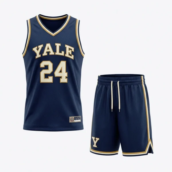Custom Basketball Uniform – Navy & Gold Collegiate Navy and gold collegiate style basketball jersey and shorts