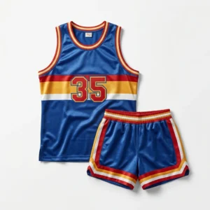 Custom Basketball Uniform – Retro Royal Blue Stripe Retro royal blue basketball uniform with red and yellow stripes