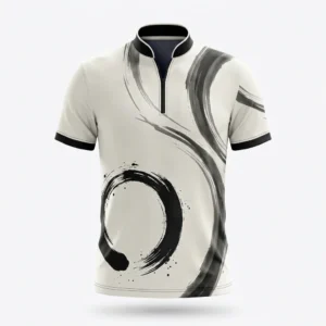 Cream bowling jersey with black ink brush zen circle print