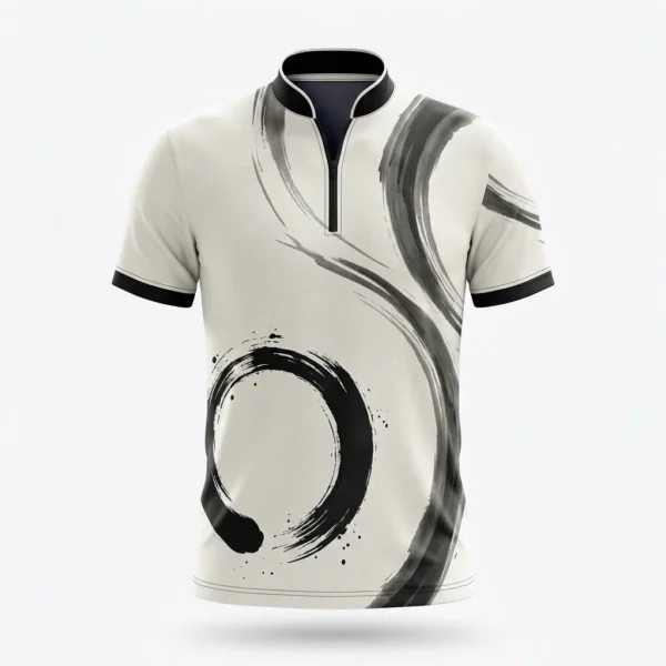 Custom Bowling Jersey – Ink Brush Zen Circle Cream bowling jersey with black ink brush zen circle print