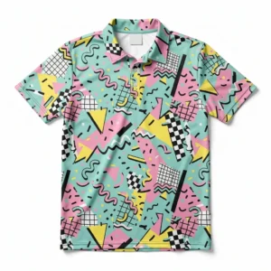 80s Memphis pattern mint and pink bowling shirt