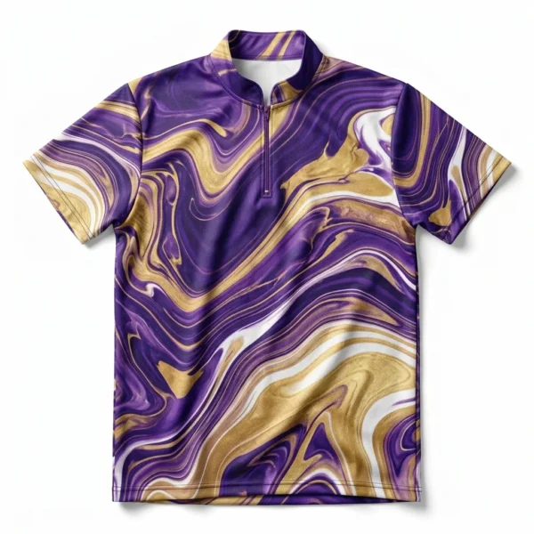 Custom Bowling Jersey – Purple & Gold Marble Purple and gold marble print bowling jersey