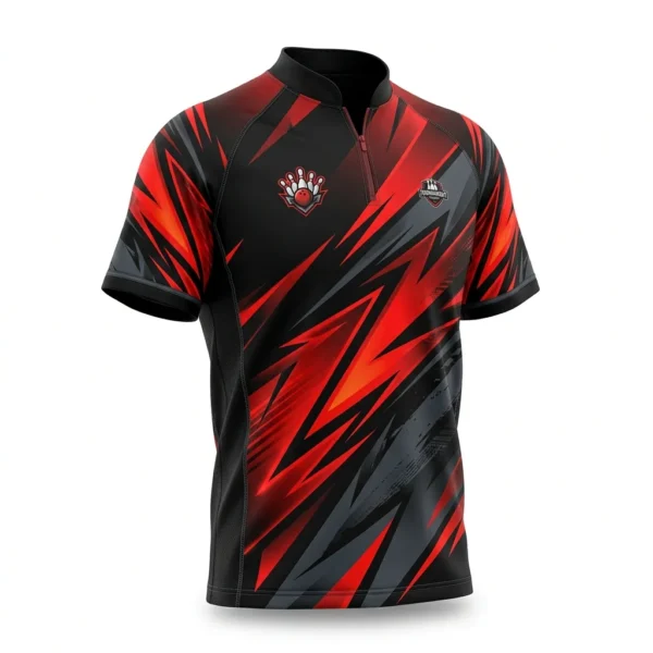 Custom Bowling Jersey – Red & Black Strike Black and red strike graphic bowling jersey