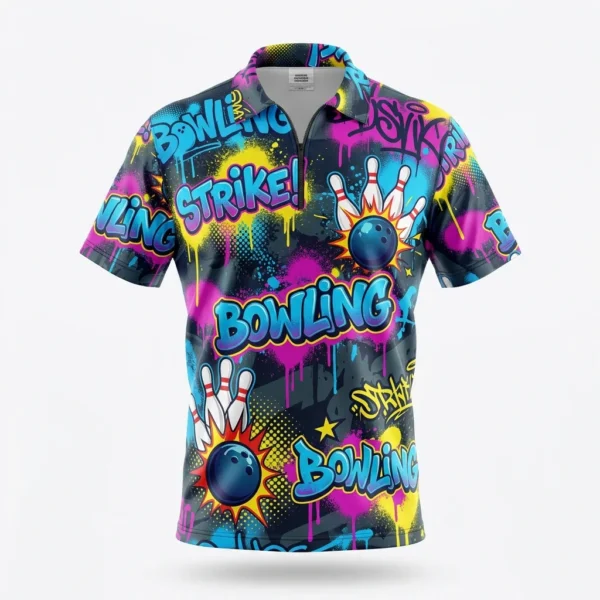 Custom Bowling Jersey – Graffiti Bowling Print Colourful graffiti bowling print polo jersey