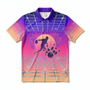 Synthwave sunset bowler silhouette polo bowling shirt