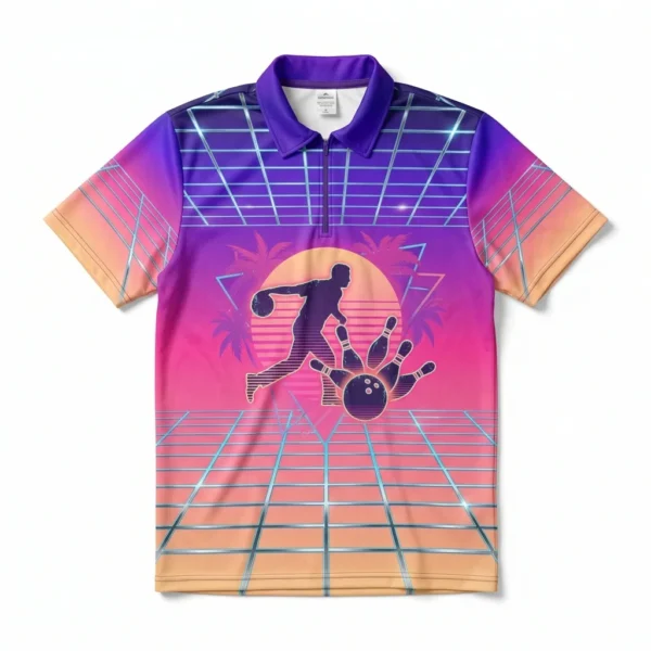 Custom Bowling Jersey – Synthwave Sunset Bowler Synthwave sunset bowler silhouette polo bowling shirt