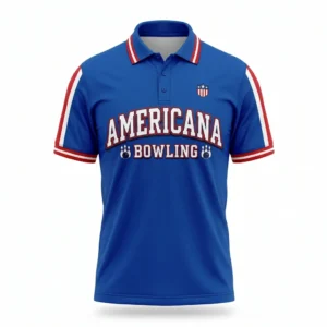 Royal blue Americana bowling polo with red and white trim