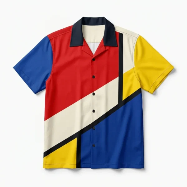 Custom Bowling Shirt – Modern Art Colour Block Red blue and yellow colour block bowling shirt