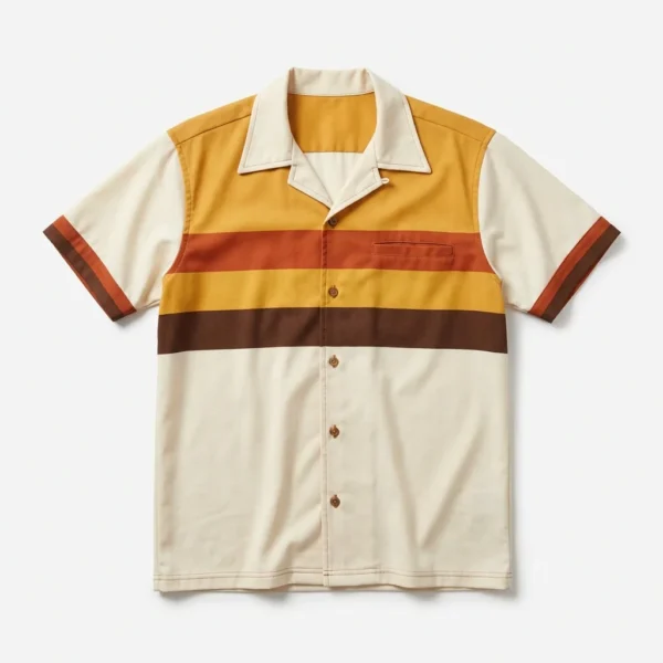 Custom Bowling Shirt – Retro Mustard Stripe Cream and mustard retro striped bowling shirt