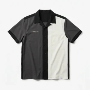 Grey and white panel bowling shirt with black trim