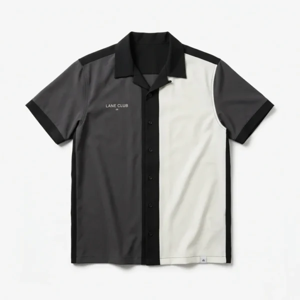Custom Bowling Shirt – Grey & White Panel Lane Club Grey and white panel bowling shirt with black trim