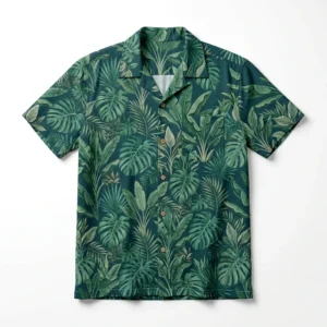 Dark green tropical monstera print bowling shirt