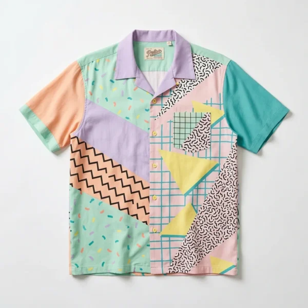 Custom Bowling Shirt – Pastel Memphis Patchwork Pastel Memphis patchwork bowling shirt