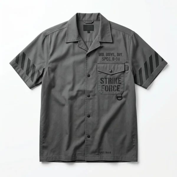 Charcoal utility style bowling shirt with stencil print