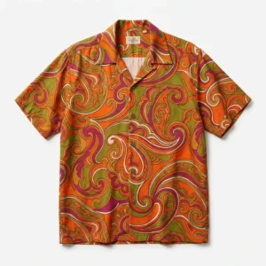 Orange paisley print camp collar bowling shirt