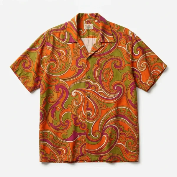 Custom Bowling Shirt – Orange Paisley Orange paisley print camp collar bowling shirt