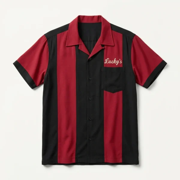 Red and black panel bowling shirt with embroidered script