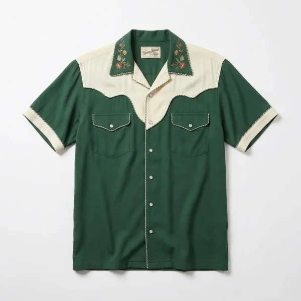 Green and cream western yoke bowling shirt