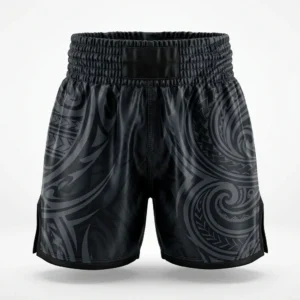 Custom Boxing Shorts – Black Tribal Tonal Black boxing shorts with tonal tribal pattern