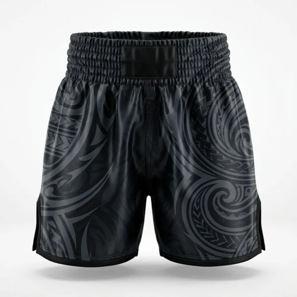 Custom Boxing Shorts – Black Tribal Tonal Black boxing shorts with tonal tribal pattern