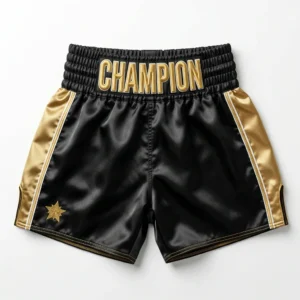 Custom Boxing Shorts – Black & Gold Champion Black and gold champion boxing shorts
