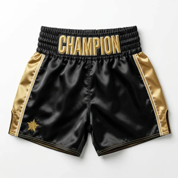 Custom Boxing Shorts – Black & Gold Champion Black and gold champion boxing shorts