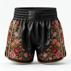 Custom Boxing Shorts – Floral Rose Embroidery Black boxing shorts with embroidered rose floral panels