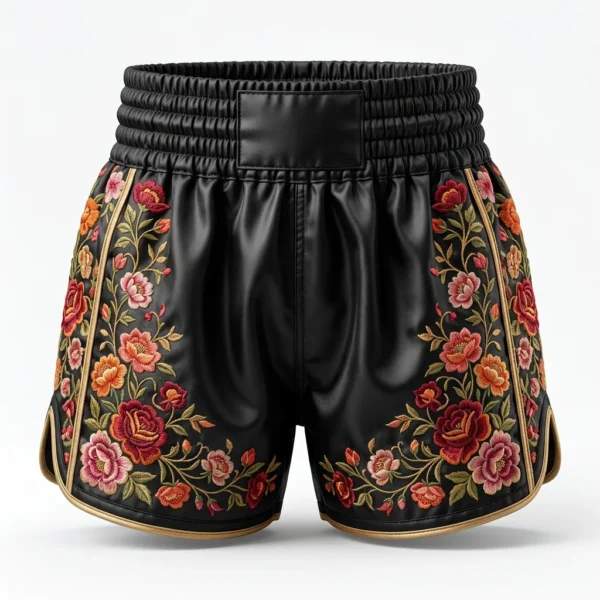 Black boxing shorts with embroidered rose floral panels