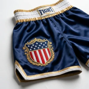 Custom Boxing Shorts – Navy Patriotic Shield Navy satin boxing shorts with stars and stripes shield