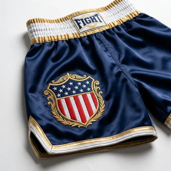Custom Boxing Shorts – Navy Patriotic Shield Navy satin boxing shorts with stars and stripes shield