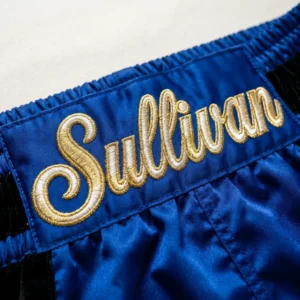 Custom Boxing Shorts – Gold Script Name Detail Royal blue boxing shorts with gold embroidered script name