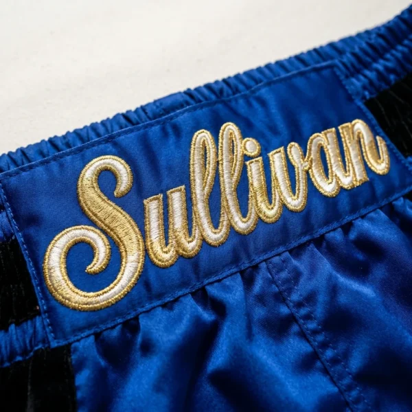Royal blue boxing shorts with gold embroidered script name