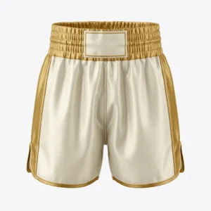 Custom Boxing Shorts – Cream & Gold Satin Cream and gold satin boxing shorts