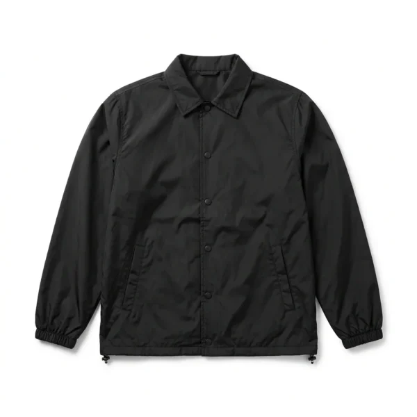 Custom Coach Jacket – Black Nylon Black nylon coach jacket with snap buttons
