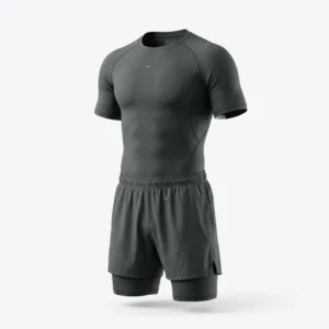 Charcoal compression tee with 2 in 1 training shorts