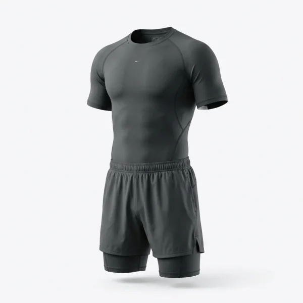 Charcoal compression tee with 2 in 1 training shorts