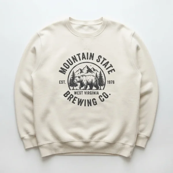 Custom Crewneck Sweatshirt – Cream Brewing Co. Badge Cream crewneck with brewing badge print