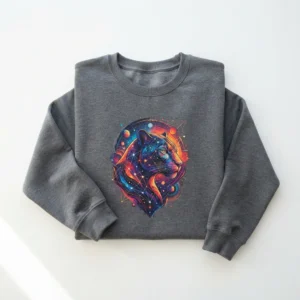 Charcoal crewneck with cosmic graphic