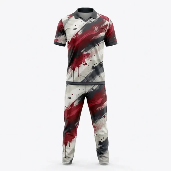 White cricket uniform with red and black brush stroke print