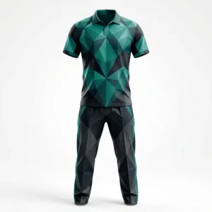 Teal and black geometric cricket uniform
