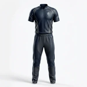 Navy pro cricket uniform with white piping