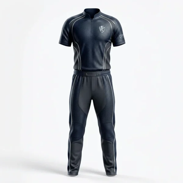 Custom Cricket Uniform – Navy Pro Mesh Navy pro cricket uniform with white piping