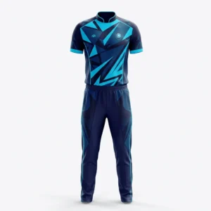 Navy and cyan shard sublimated cricket uniform