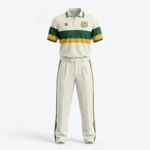 Cream cricket uniform with green and gold stripe