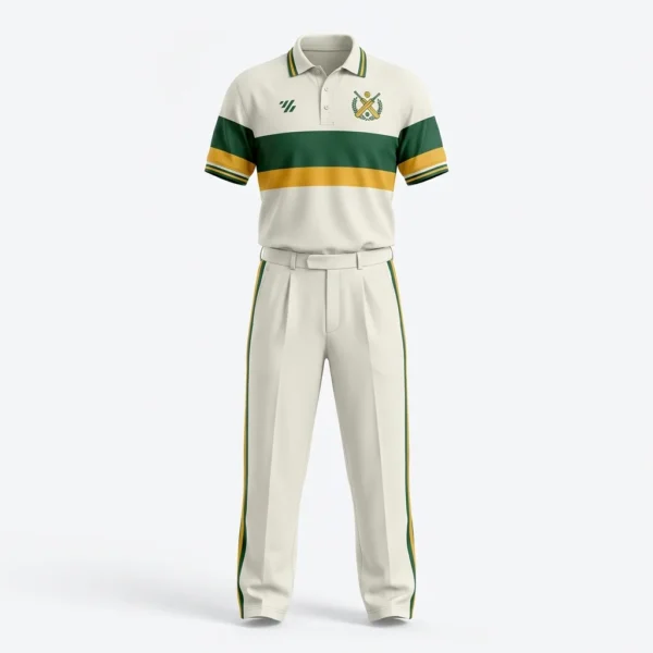 Custom Cricket Uniform – Cream with Green & Gold Stripe Cream cricket uniform with green and gold stripe