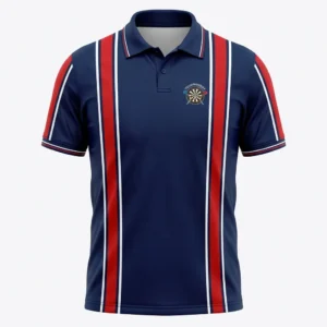 Navy darts polo with red and white stripes