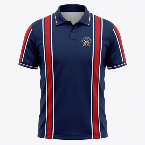 Navy darts polo with red and white stripes