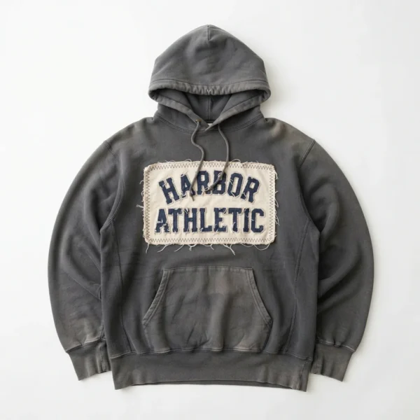 Distressed washed grey hoodie with patch