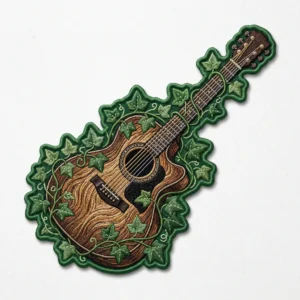 Custom Embroidered Patch – Acoustic Guitar & Ivy Acoustic guitar with ivy custom shape embroidered patch